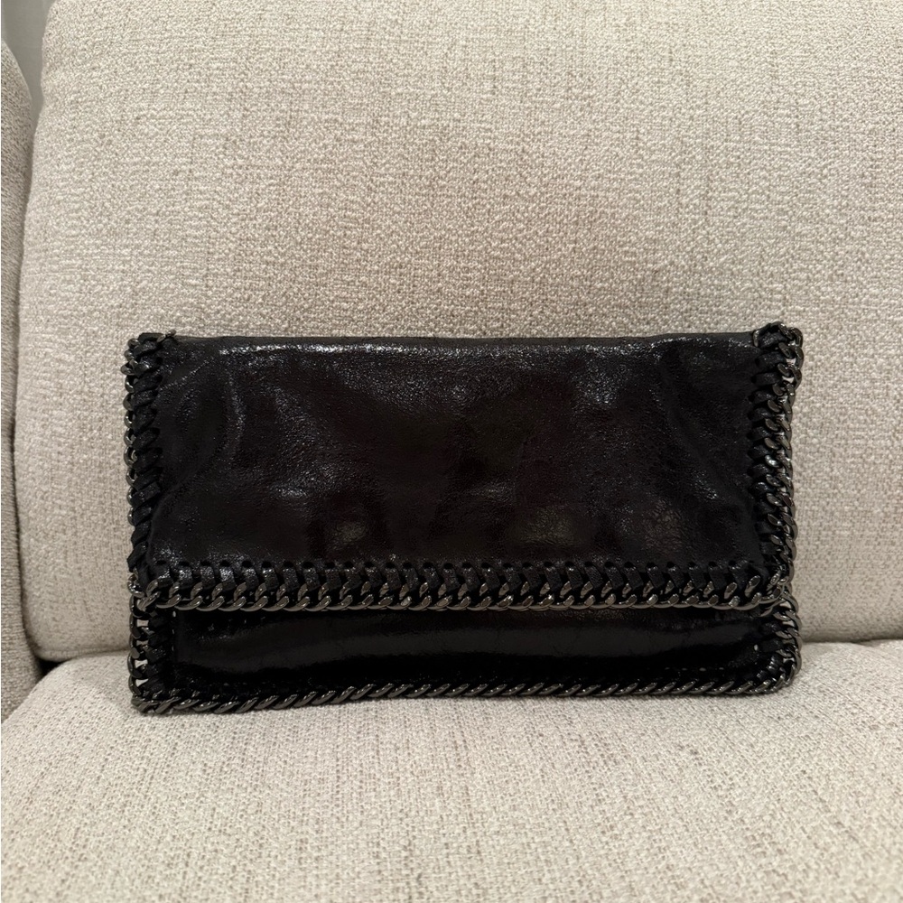 Black Shiny Leather Chain-Trimmed Women's Clutch with Removable Strap